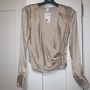 Wrapover satin longsleeve blouse